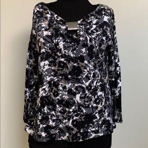 Rafaella Shirt Top-Black White Gray Tan Floral Pattern-Silver Button Accent-PL